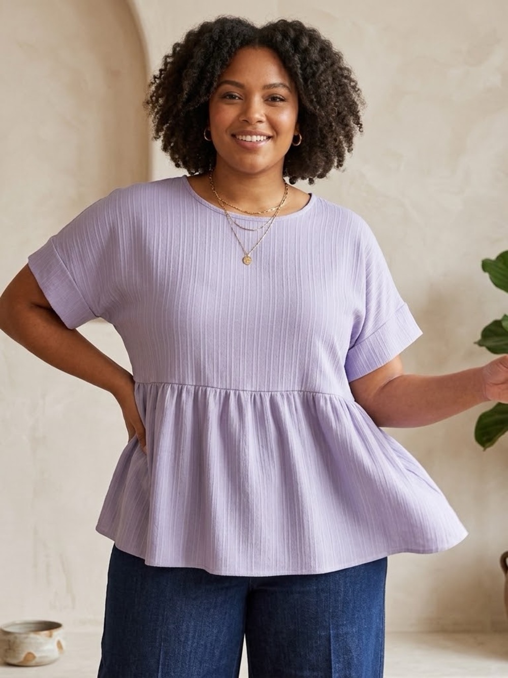 Source Unknown Lilac Ribbed Peplum Short-Sleeve Tunic